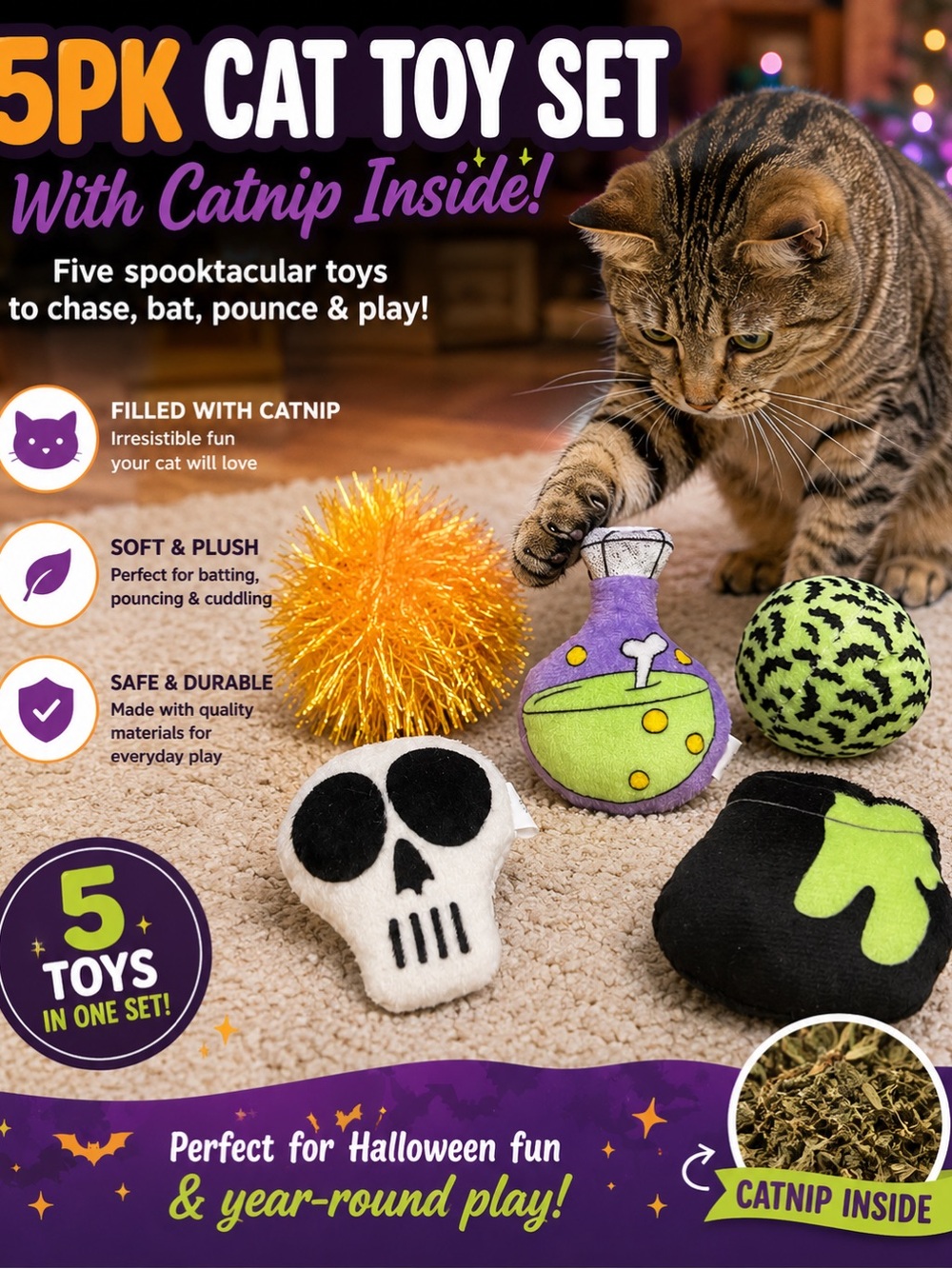 Design Lab Lord & Taylor Cat Toy Set - Green, Purple, Black, White, Gold